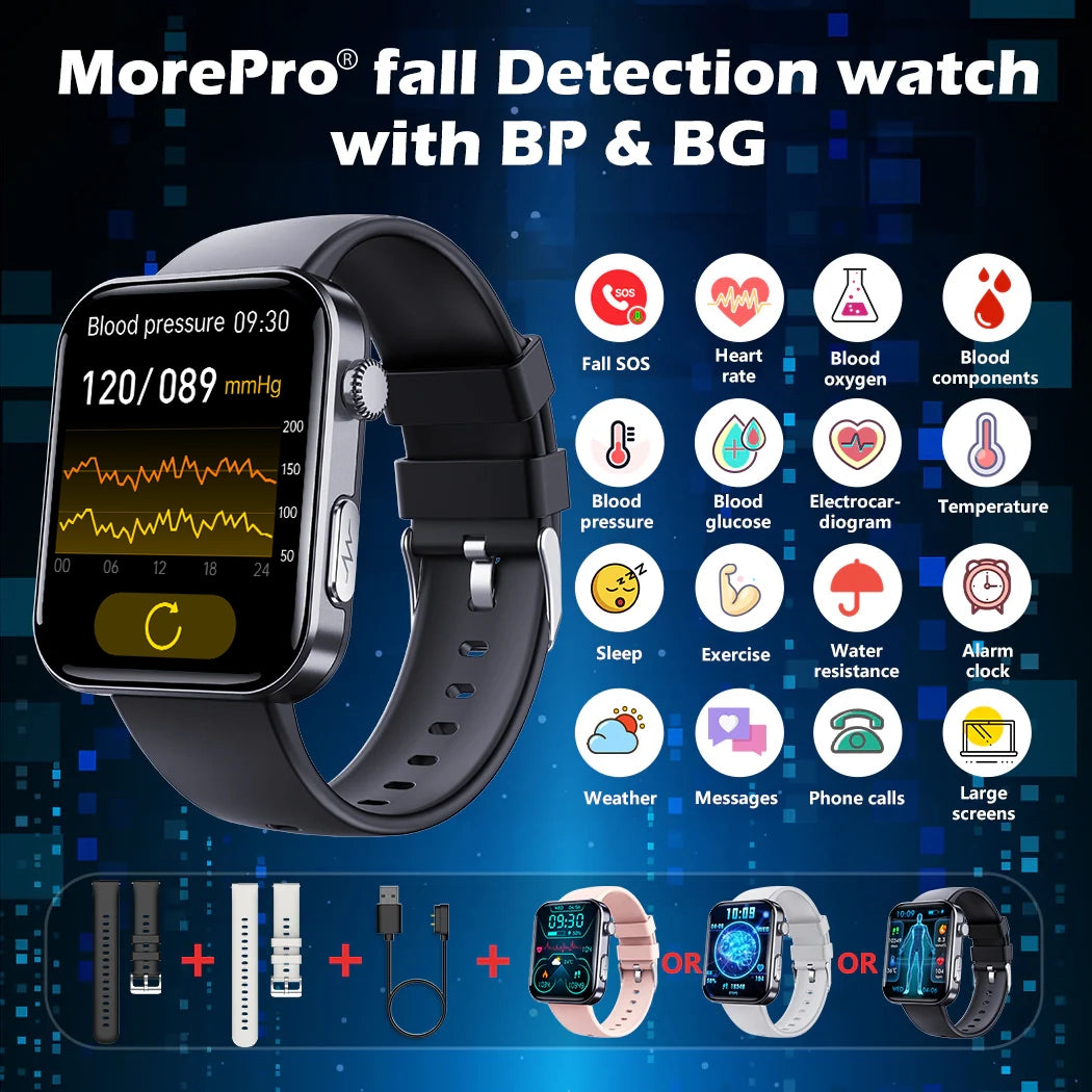 PulseMax Smartwatch for Seniors with Fall Detection, Blood Pressure, Glucose & ECG – 2025 Health & Safety Tracker by MorePro