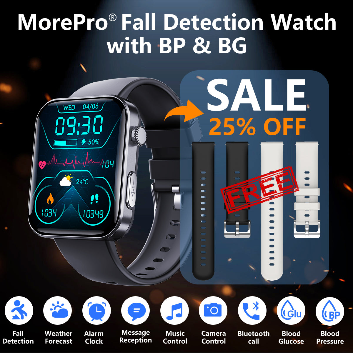 Best Upgrade MOREPRO® PulseMax Fall Detection Watch With Blood Glucose+Blood Presssure Monitoring+Calls 2025+ Free Strap*2 Gift🎁