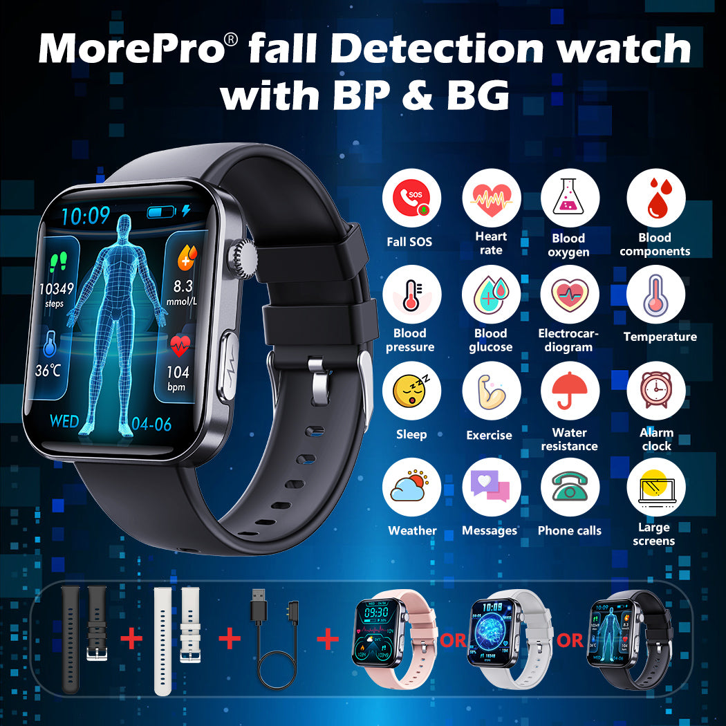 Best Upgrade MOREPRO® PulseMax Fall Detection Watch With Blood Glucose+Blood Presssure Monitoring+Calls 2025+ Free Strap*2 Gift🎁