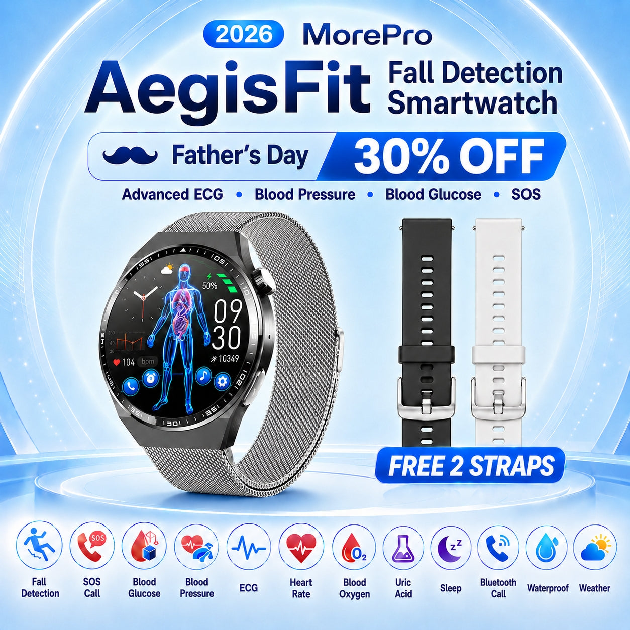 AegisFit Fall Detection Smartwatch with Advanced ECG + Blood Pressure + Blood Glucose + Uric Acid + Activity Tracking + Emergency SOS