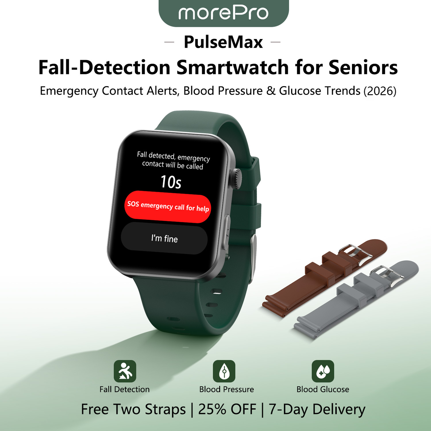PulseMax Smartwatch for Seniors with Fall Detection, Blood Pressure, Glucose & ECG – 2026 Health & Safety Tracker by MorePro
