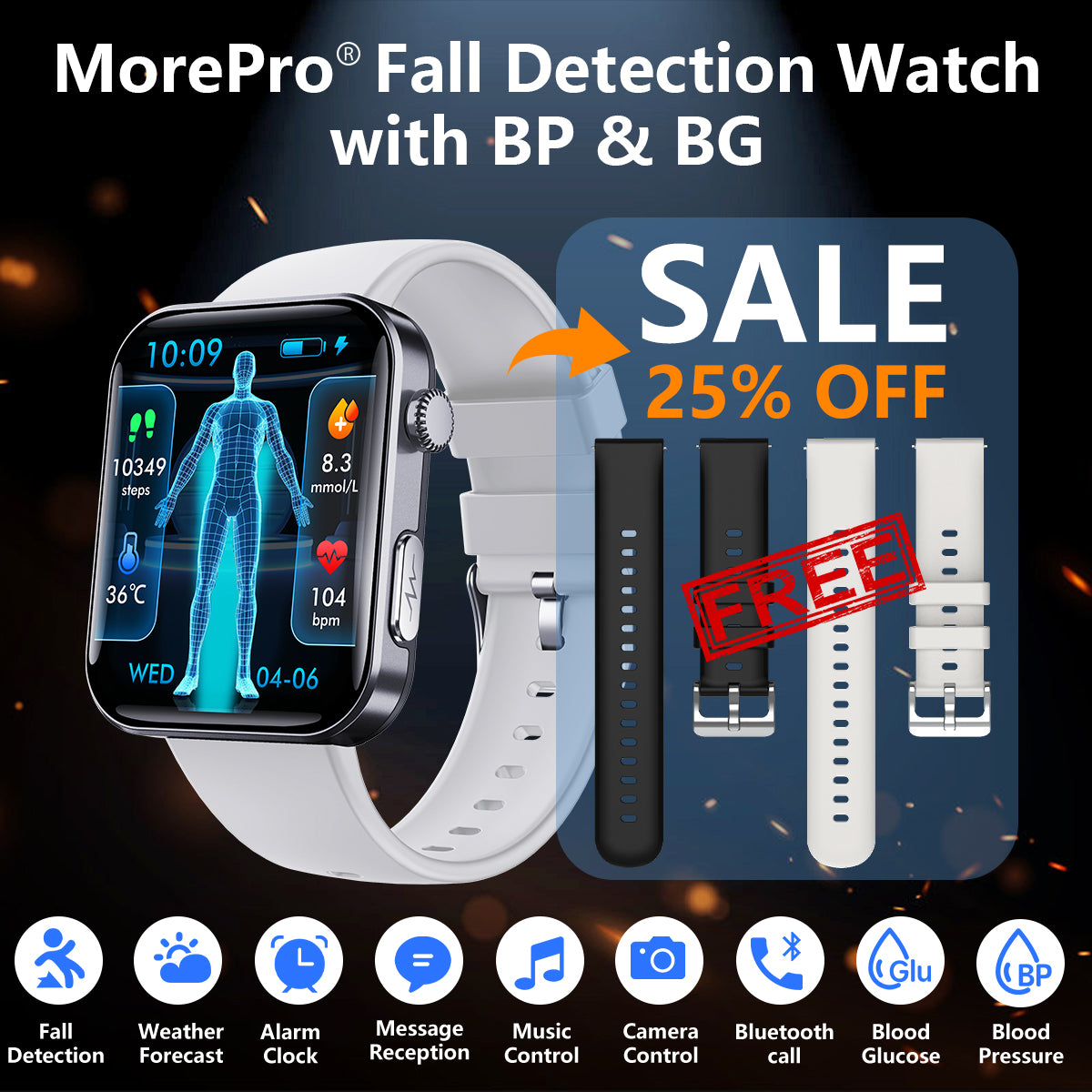 Best Upgrade MOREPRO® PulseMax Fall Detection Watch With Blood Glucose+Blood Presssure Monitoring+Calls 2025+ Free Strap*2 Gift🎁