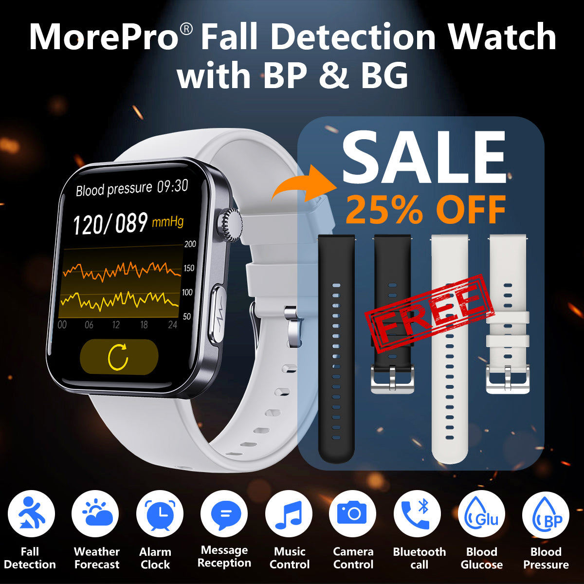 Best Upgrade MOREPRO® PulseMax Fall Detection Watch With Blood Glucose+Blood Presssure Monitoring+Calls 2025+ Free Strap*2 Gift🎁