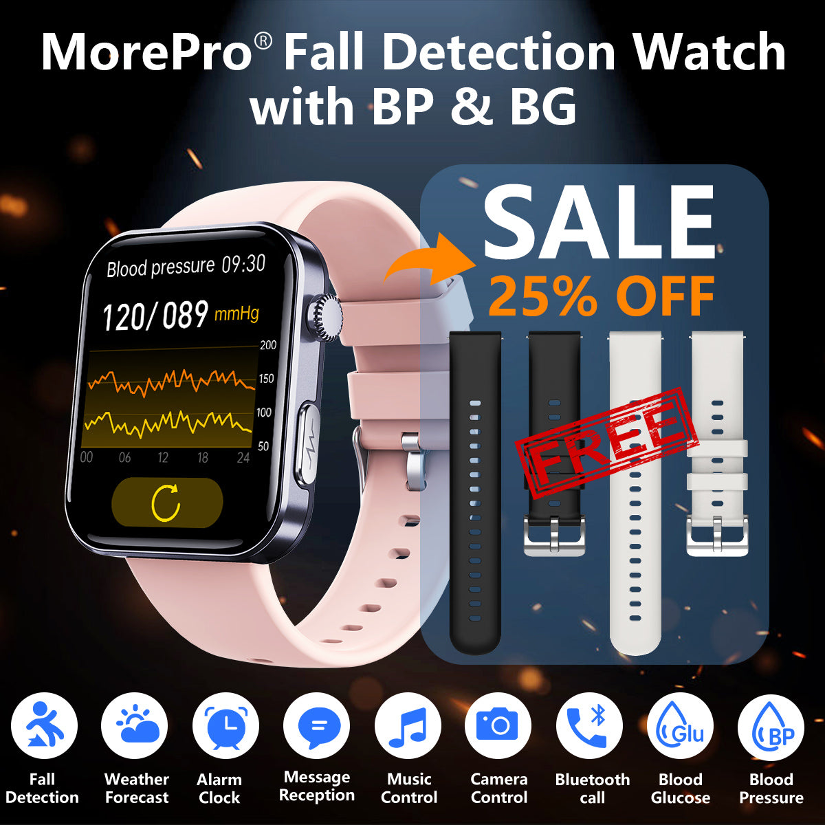 Best Upgrade MOREPRO® PulseMax Fall Detection Watch With Blood Glucose+Blood Presssure Monitoring+Calls 2025+ Free Strap*2 Gift🎁