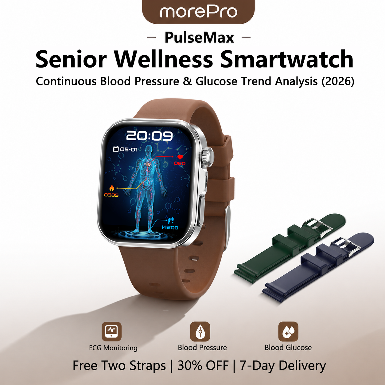 PulseMax® 2026 – All-in-One Health Smartwatch for Seniors with Blood Glucose Trends, Blood Pressure, ECG + PPG & More