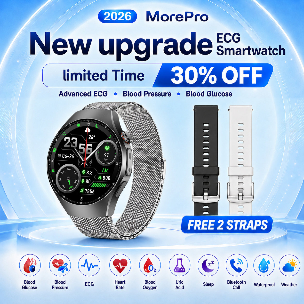 MorePro AegisFit ECG Smartwatch with Blood Pressure, Blood Glucose, Uric Acid & SOS
