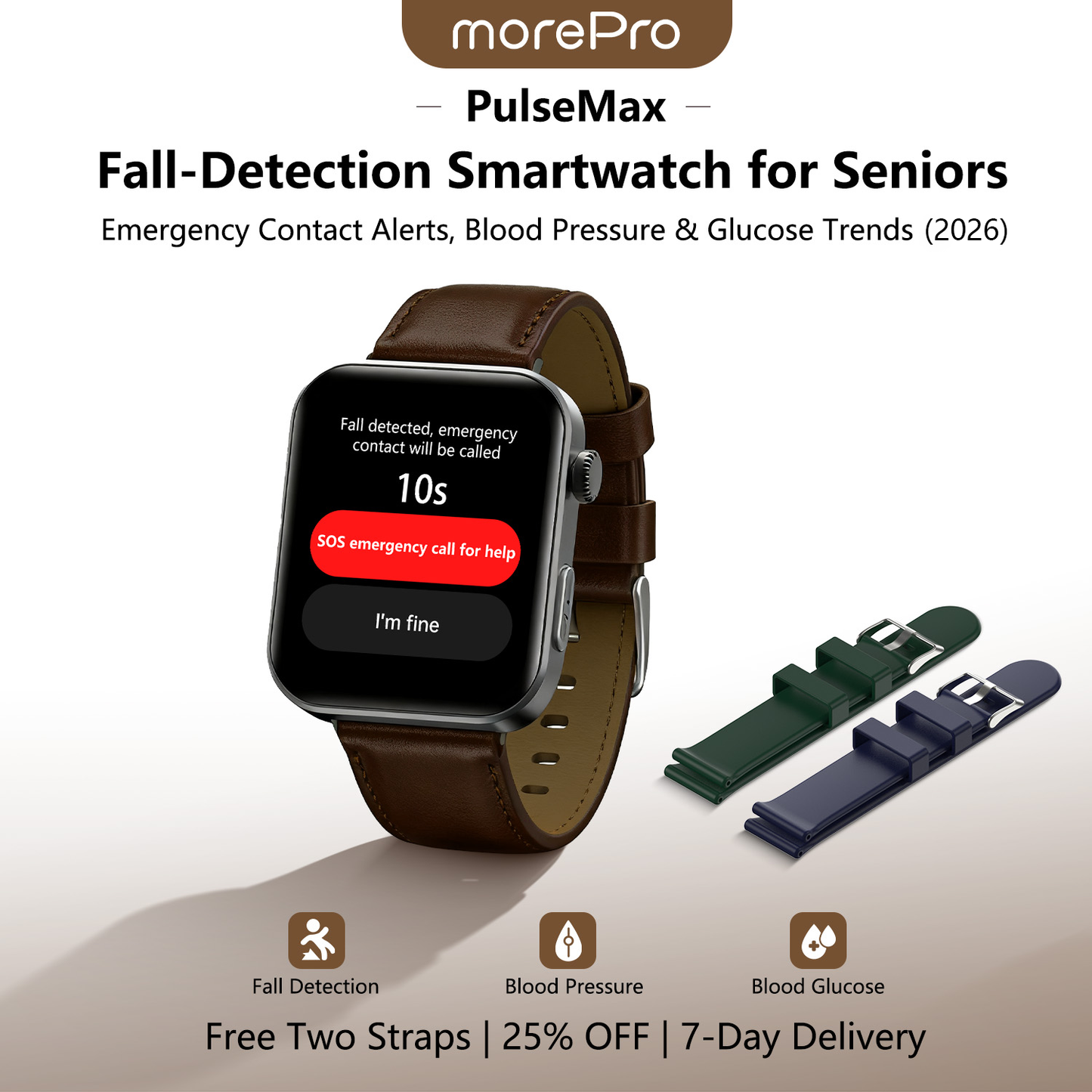 PulseMax Smartwatch for Seniors with Fall Detection, Blood Pressure, Glucose & ECG – 2026 Health & Safety Tracker by MorePro