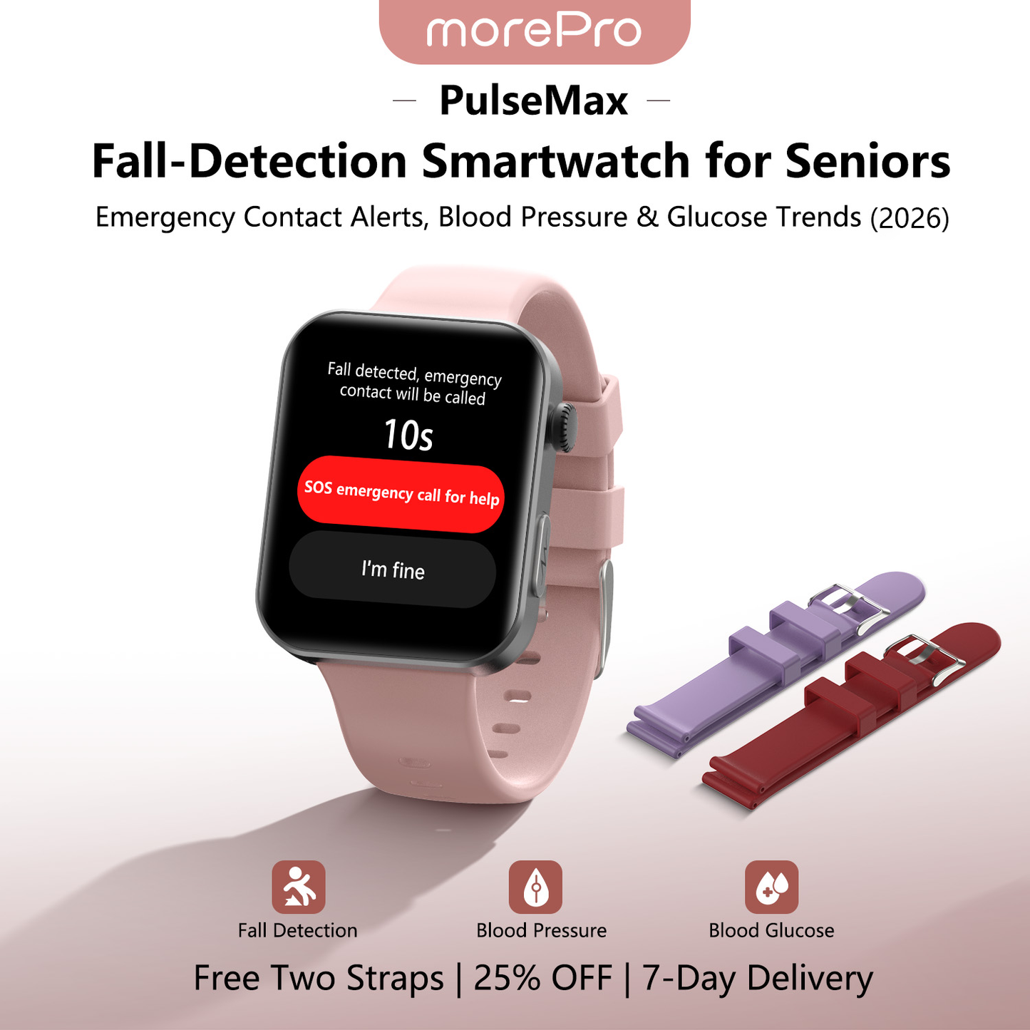 Best Upgrade MorePro® PulseMax Blood Pressure & Blood Glucose Smartwatch for Seniors – Fall Detection, ECG + Free Strap Gift 🎁