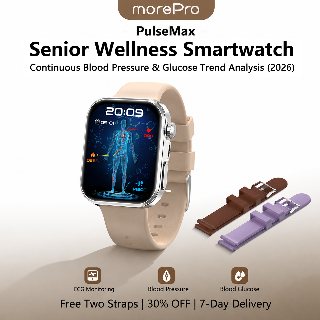 Best Upgrade MorePro® PulseMax Blood Pressure & Blood Glucose Smartwatch for Seniors –  ECG +PPG+ Free Strap Gift 🎁
