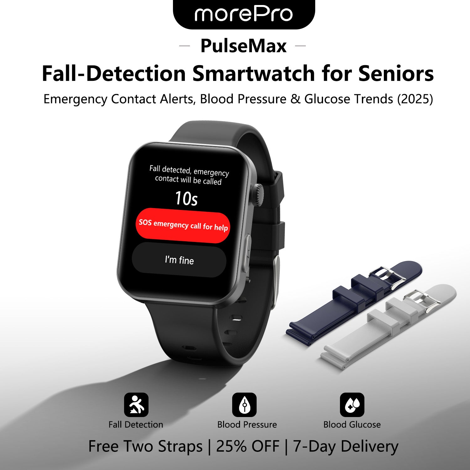 Best Upgrade MOREPRO® PulseMax Blood Pressure Blood Glucose Smartwatch  for Seniors – Fall Detection, ECG Free Strap Gift 🎁 Black Silicone🔥