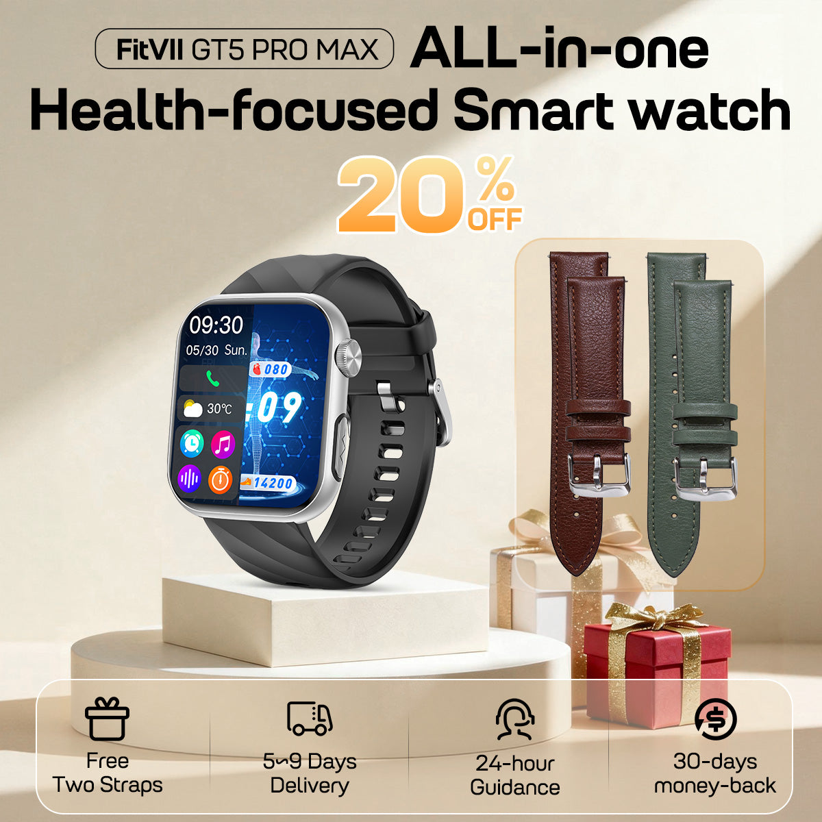 Upgrade MorePro®GT5 Pro Max Blood Sugar Smartwatch with Blood Pressure + ECG + Sleep Fitness Tracker+Free Straps💝