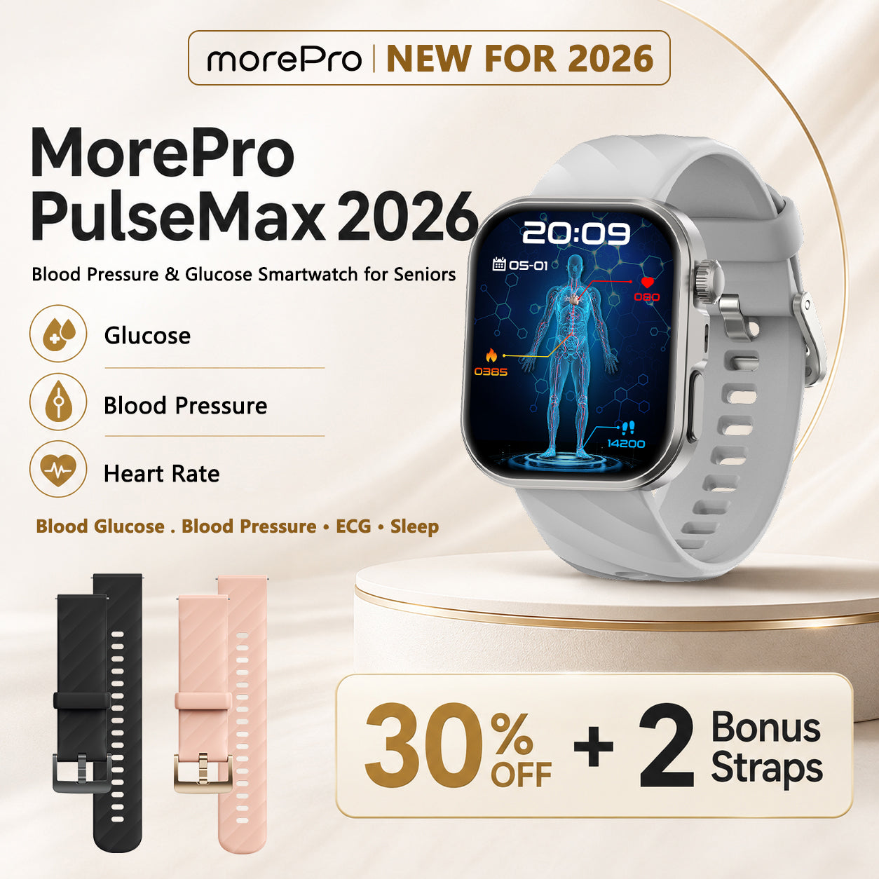 PulseMax® 2026 – Advanced Health Smartwatch for Seniors with Blood Glucose Trends, Blood Pressure, ECG + PPG Heart Monitoring & More