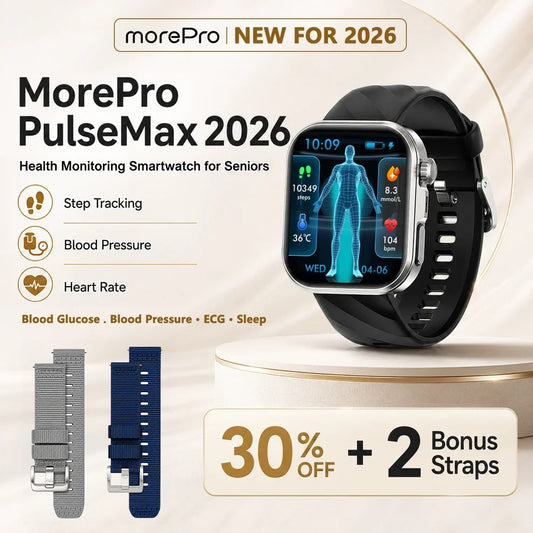 PulseMax® 2026 – All-in-One Health Smartwatch for Seniors with Blood Glucose Trends, Blood Pressure, ECG + PPG & More