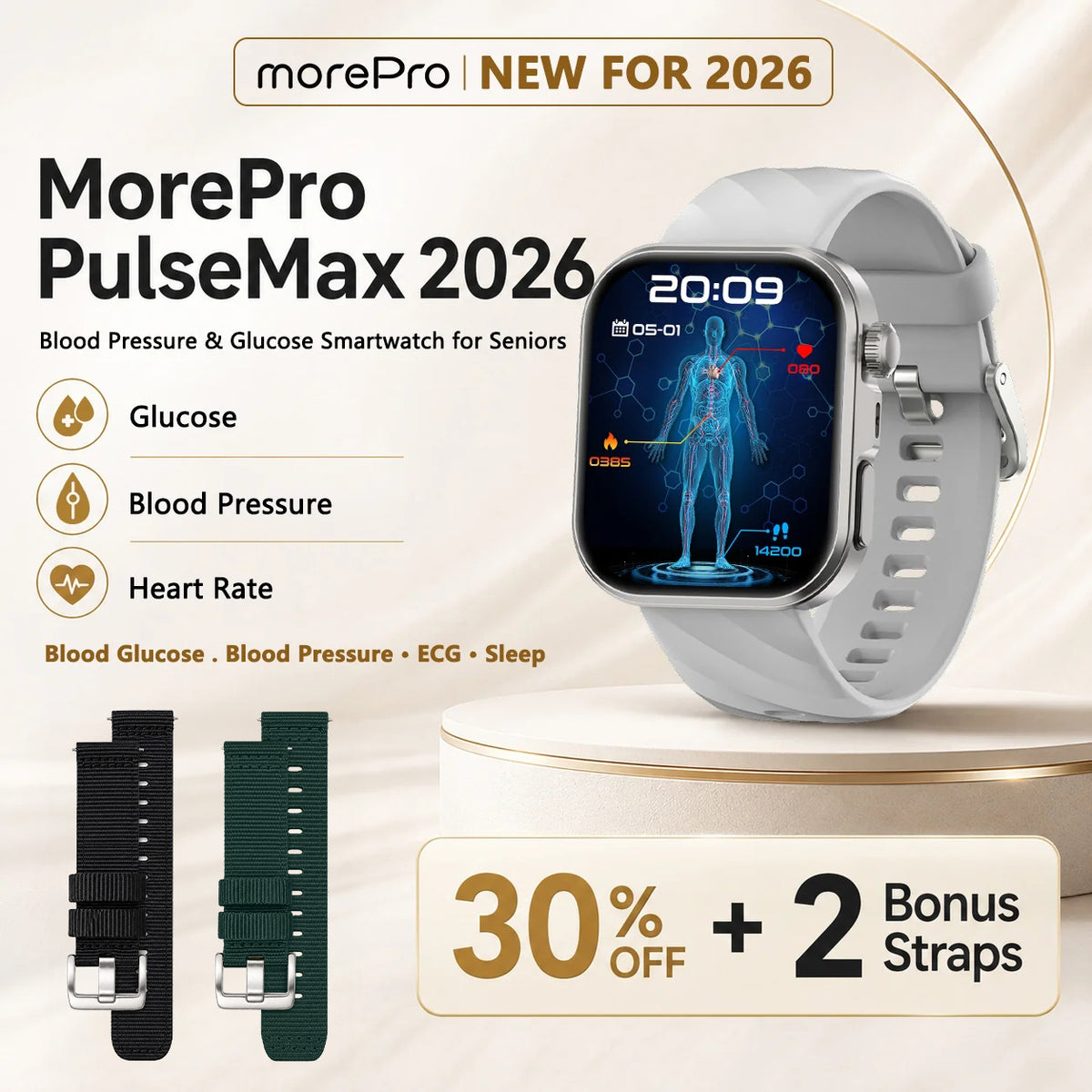 PulseMax® 2026 – All-in-One Health Smartwatch with Blood Glucose Trends, Blood Pressure, ECG + PPG & More