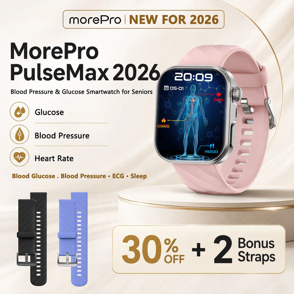 Best Upgrade MorePro® PulseMax Blood Pressure & Blood Glucose Smartwatch –  ECG +PPG+ Free Strap Gift 🎁