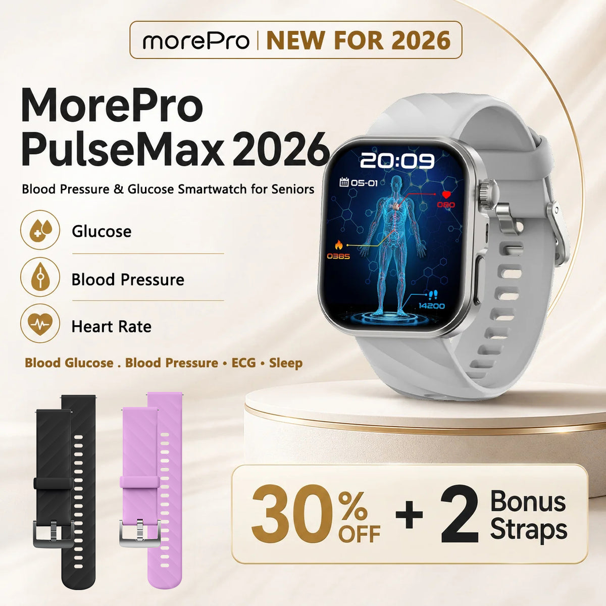 Best Upgrade MorePro® PulseMax Blood Pressure & Blood Glucose Smartwatch –  ECG +PPG+ Free Strap Gift 🎁