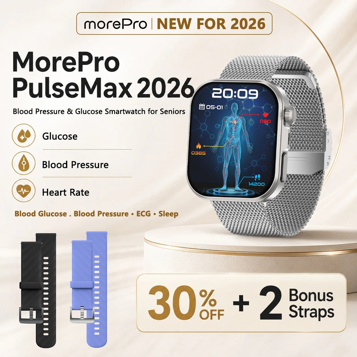Best Upgrade MorePro® PulseMax Blood Pressure & Blood Glucose Smartwatch –  ECG +PPG+ Free Strap Gift 🎁