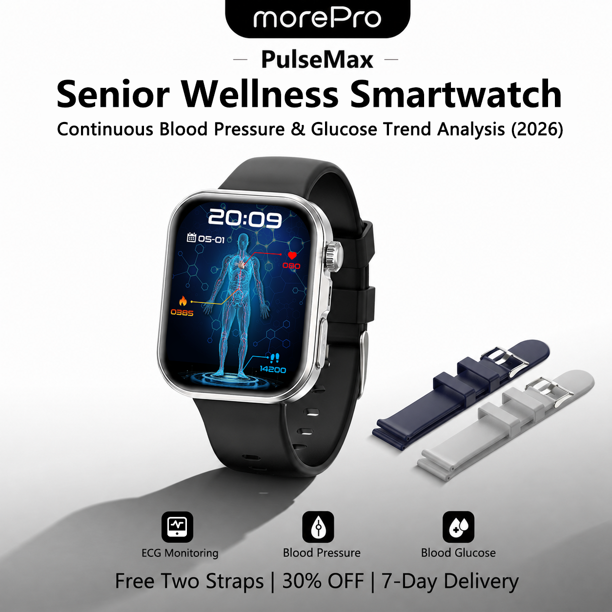 PulseMax® 2026 – Advanced Health Smartwatch for Seniors with Blood Glucose Trends, Blood Pressure, ECG + PPG Heart Monitoring & More