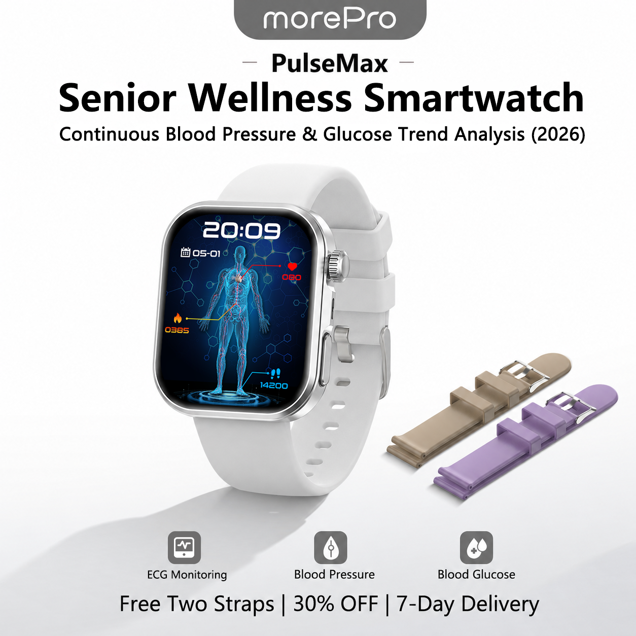 PulseMax® 2026 – All-in-One Health Smartwatch for Seniors with Blood Glucose Trends, Blood Pressure, ECG + PPG & More