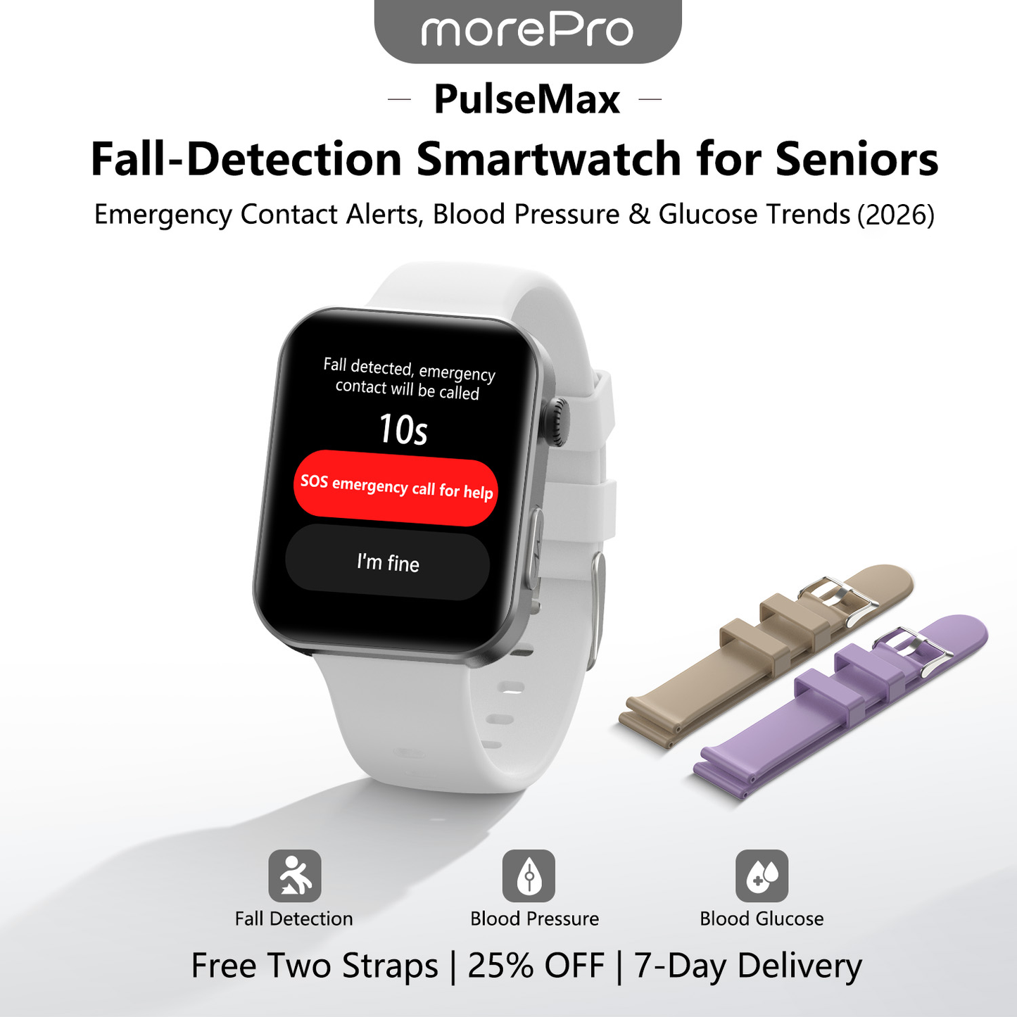 PulseMax Smartwatch for Seniors with Fall Detection, Blood Pressure, Glucose & ECG – 2026 Health & Safety Tracker by MorePro