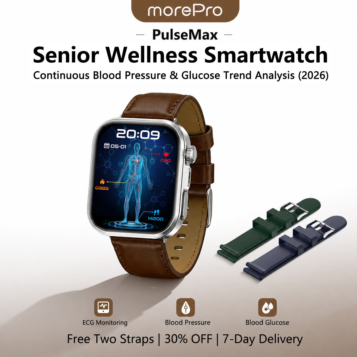 PulseMax® 2026 – All-in-One Health Smartwatch for Seniors with Blood Glucose Trends, Blood Pressure, ECG + PPG & More