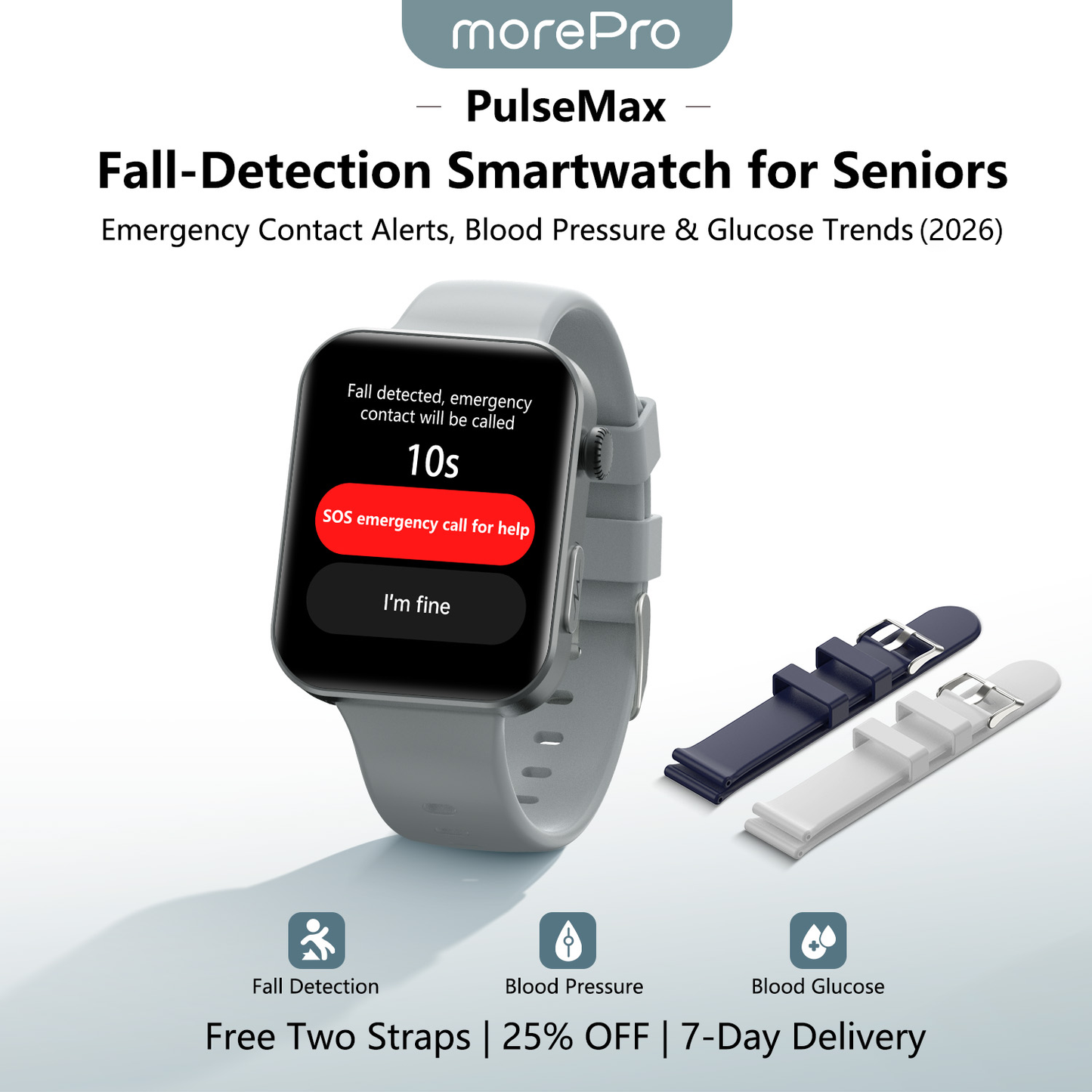 Best Upgrade MorePro® PulseMax Blood Pressure & Blood Glucose Smartwatch for Seniors – Fall Detection, ECG + Free Strap Gift 🎁