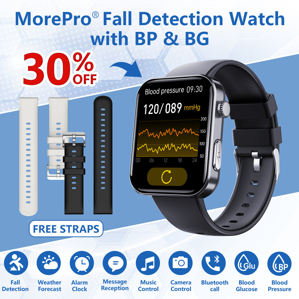 Best Upgrade MorePro® PulseMax Fall Detection Watch With Blood Glucose+Blood Pressure Monitoring+Calls 2026+ Free Strap*2 Gift🎁