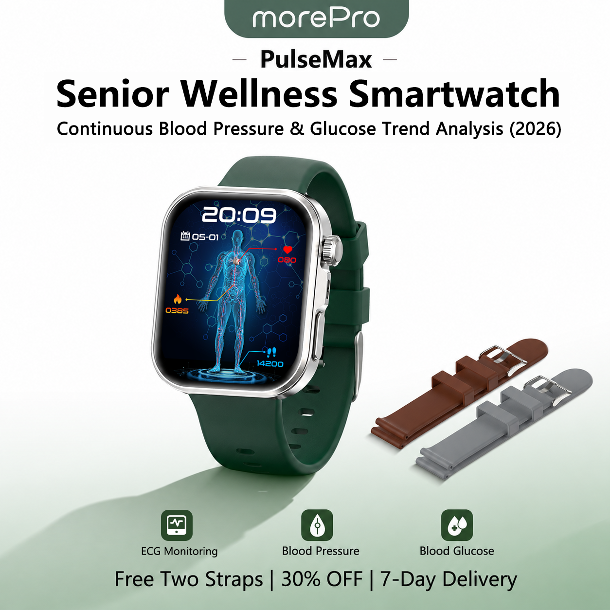 PulseMax® 2026 – All-in-One Health Smartwatch for Seniors with Blood Glucose Trends, Blood Pressure, ECG + PPG & More