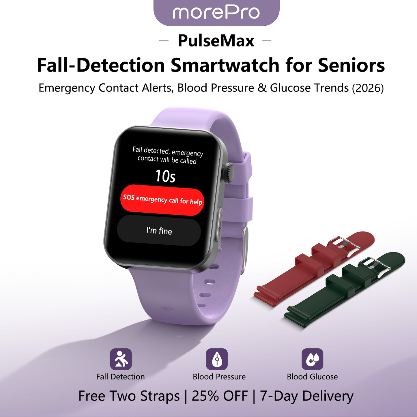 PulseMax Smartwatch for Seniors with Fall Detection, Blood Pressure, Glucose & ECG – 2026 Health & Safety Tracker by MorePro