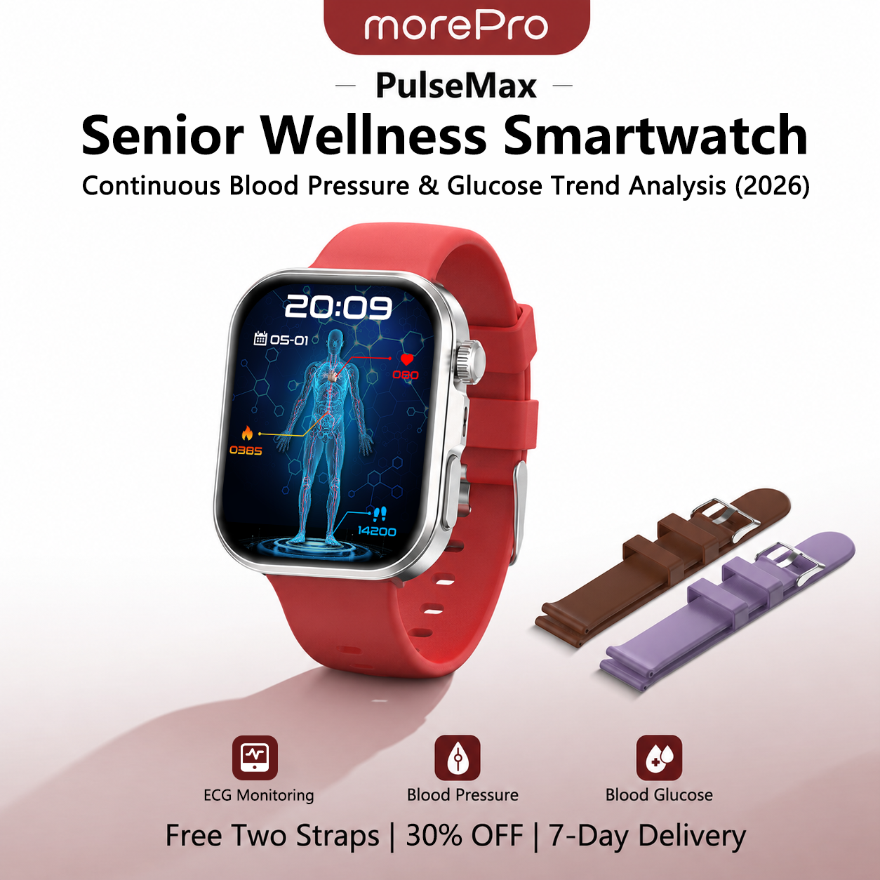 PulseMax® 2026 – All-in-One Health Smartwatch for Seniors with Blood Glucose Trends, Blood Pressure, ECG + PPG & More