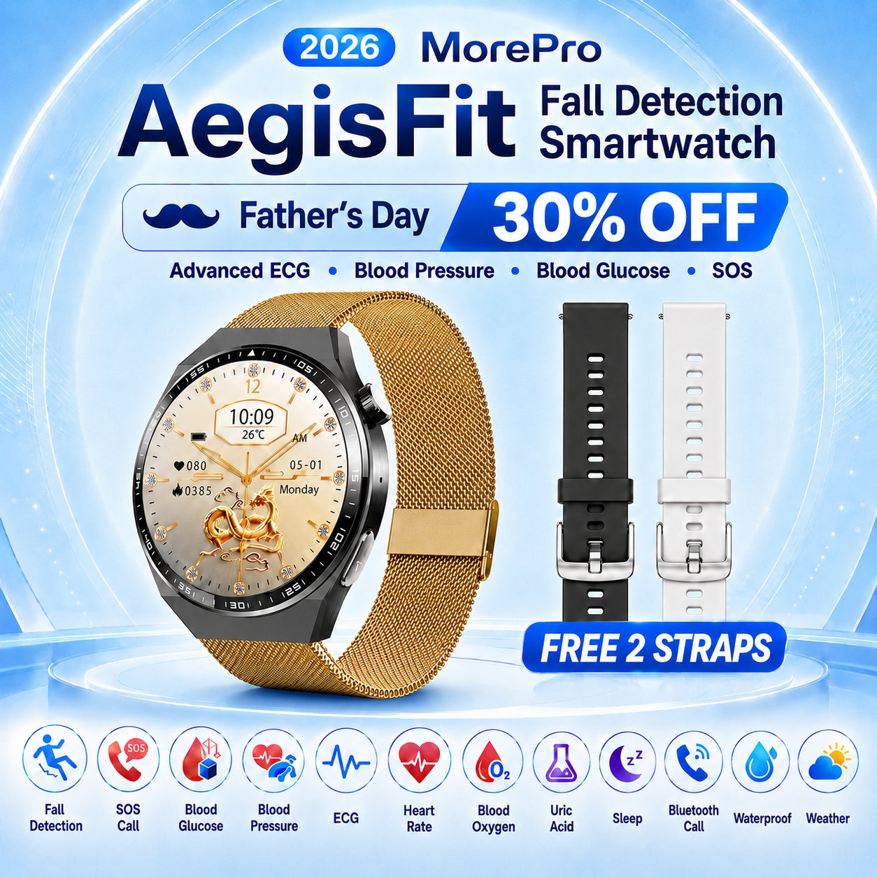 AegisFit Fall Detection Smartwatch with Advanced ECG + Blood Pressure + Blood Glucose + Uric Acid + Activity Tracking + Emergency SOS
