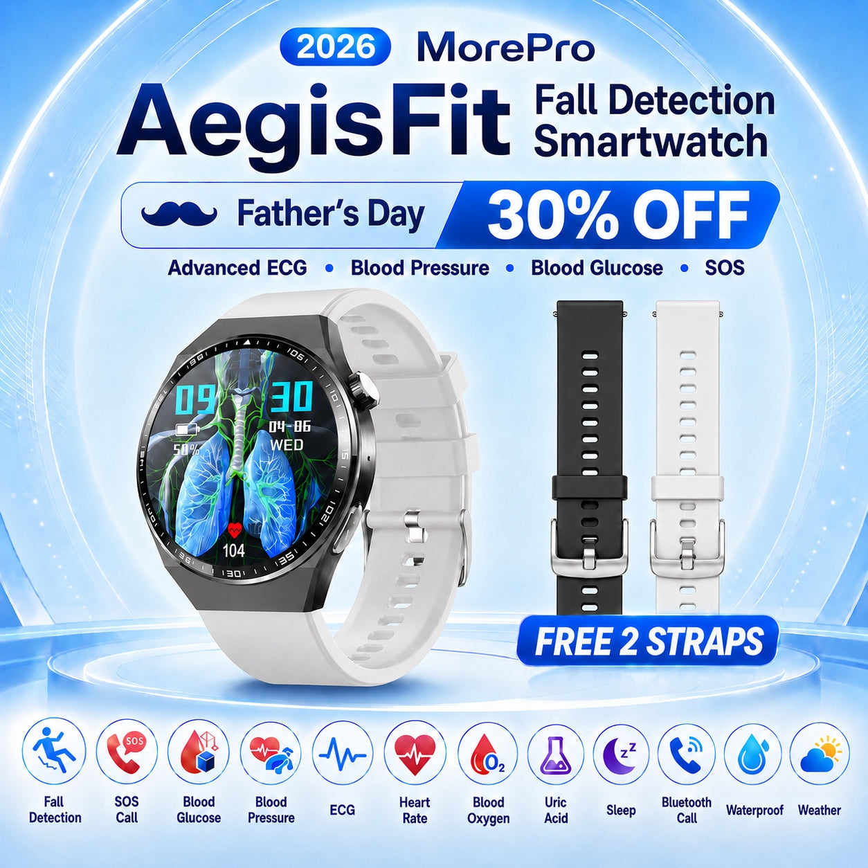 AegisFit Fall Detection Smartwatch with Advanced ECG + Blood Pressure + Blood Glucose + Uric Acid + Activity Tracking + Emergency SOS