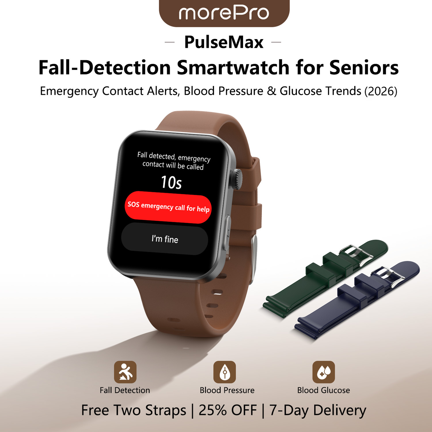 PulseMax Smartwatch for Seniors with Fall Detection, Blood Pressure, Glucose & ECG – 2026 Health & Safety Tracker by MorePro