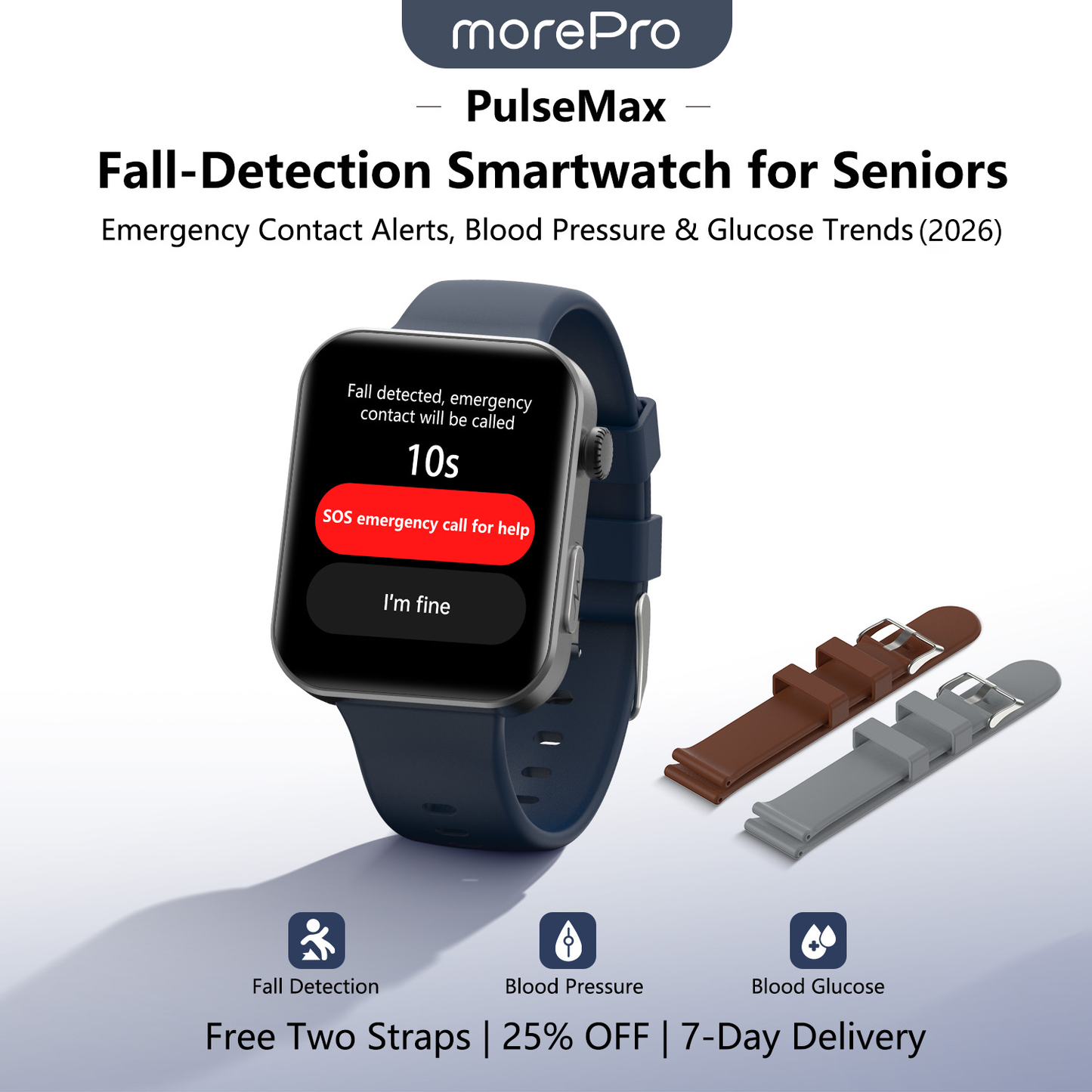 PulseMax Smartwatch for Seniors with Fall Detection, Blood Pressure, Glucose & ECG – 2026 Health & Safety Tracker by MorePro