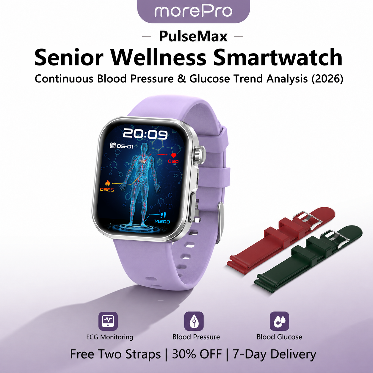 PulseMax® 2026 – All-in-One Health Smartwatch for Seniors with Blood Glucose Trends, Blood Pressure, ECG + PPG & More