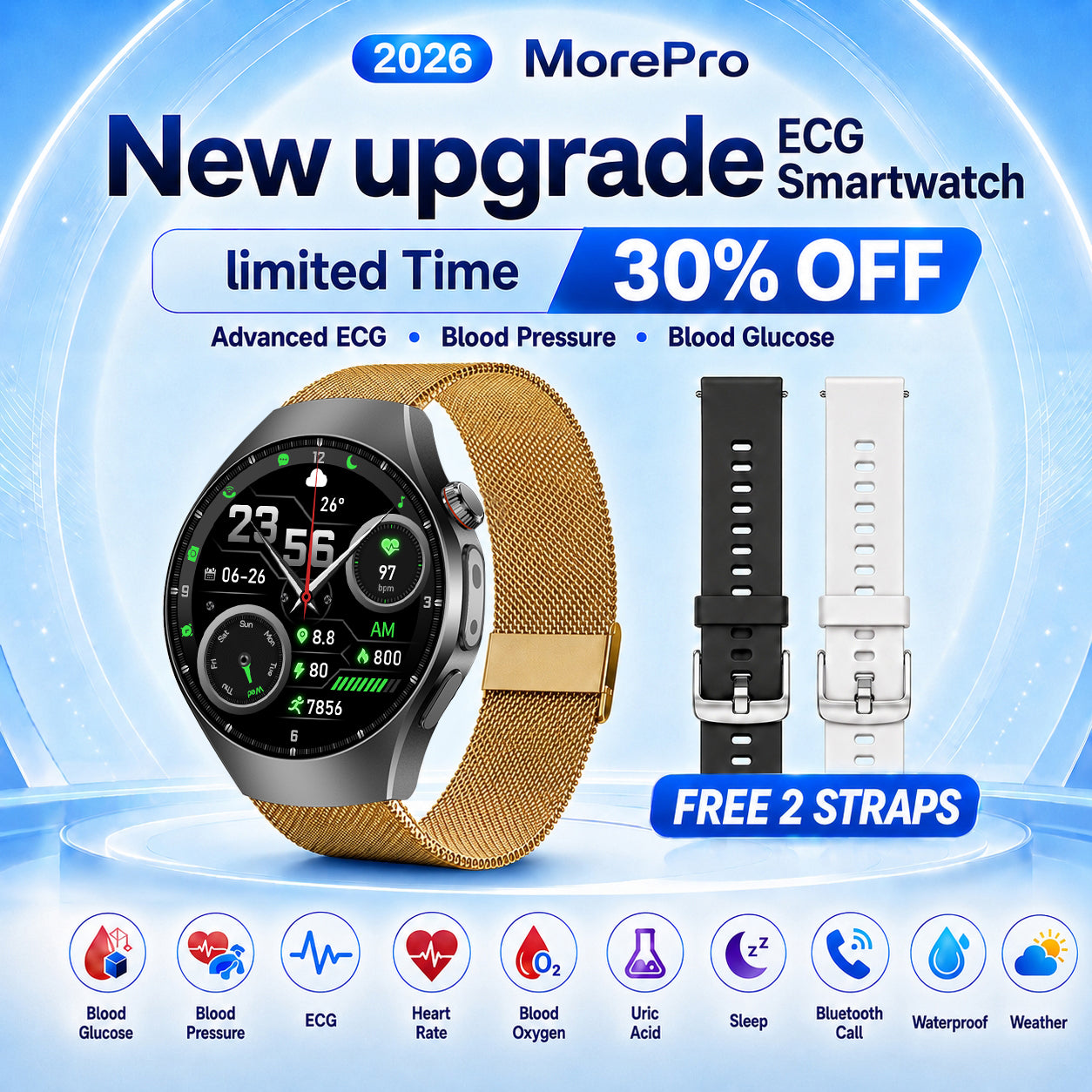 MorePro AegisFit ECG Smartwatch with Blood Pressure, Blood Glucose, Uric Acid & SOS