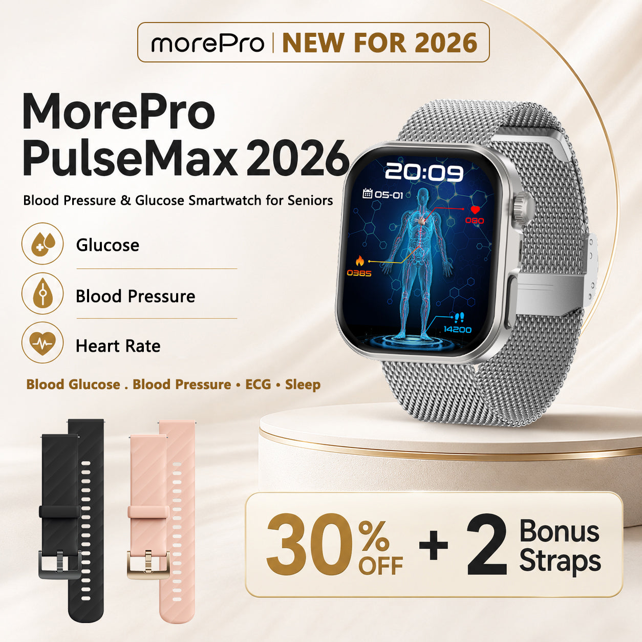 Best Upgrade MorePro® PulseMax Blood Pressure & Blood Glucose Smartwatch for Seniors –  ECG +PPG+ Free Strap Gift 🎁