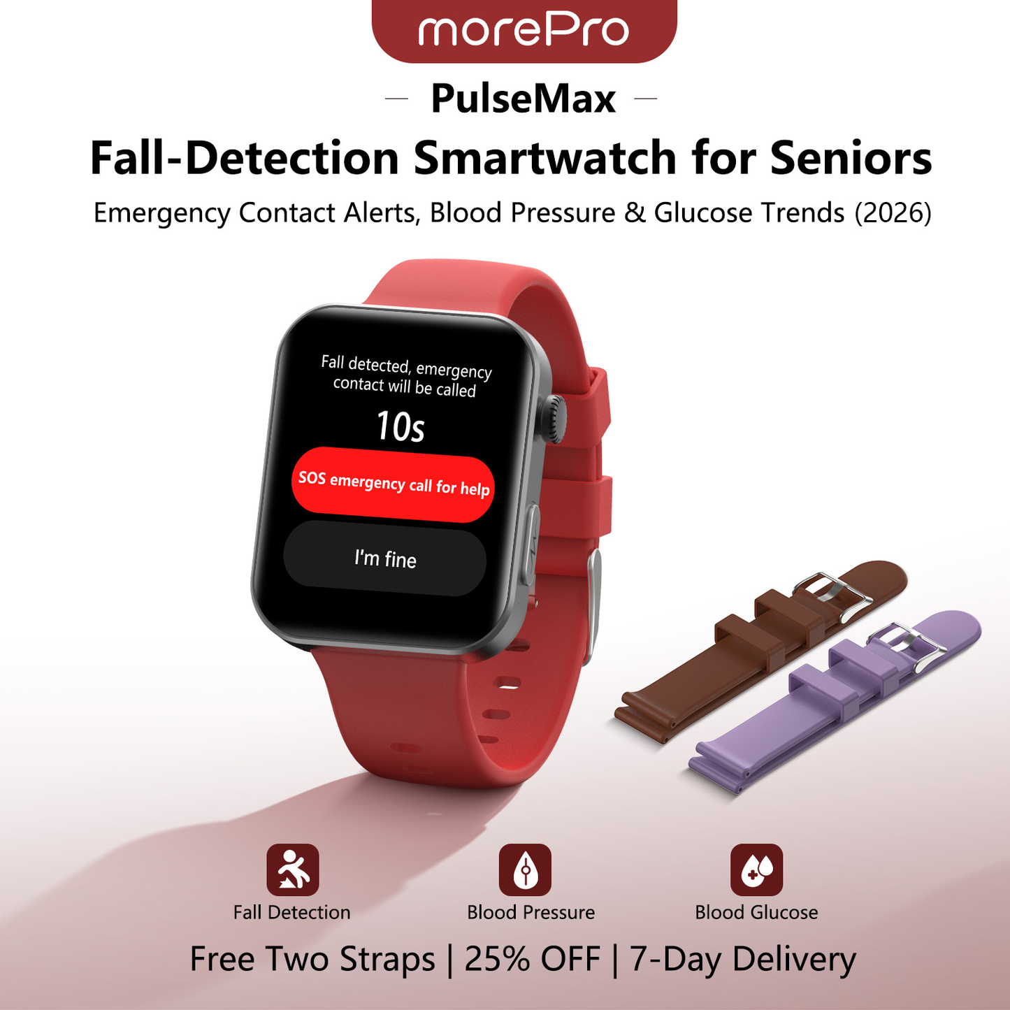 PulseMax Smartwatch for Seniors with Fall Detection, Blood Pressure, Glucose & ECG – 2026 Health & Safety Tracker by MorePro
