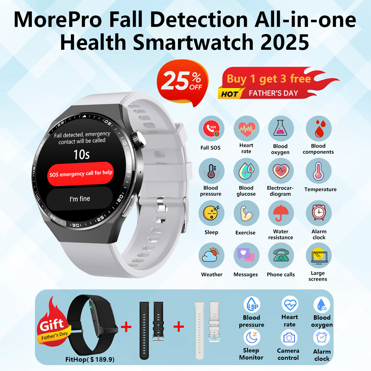 💞Best Father's Day Gift -MorePro AegisFit Fall Detection Smartwatch with Advanced ECG + Blood Pressure + Blood Oxygen + Uric Acid + Activity Tracking + Emergency SOS+Free Watch🎁
