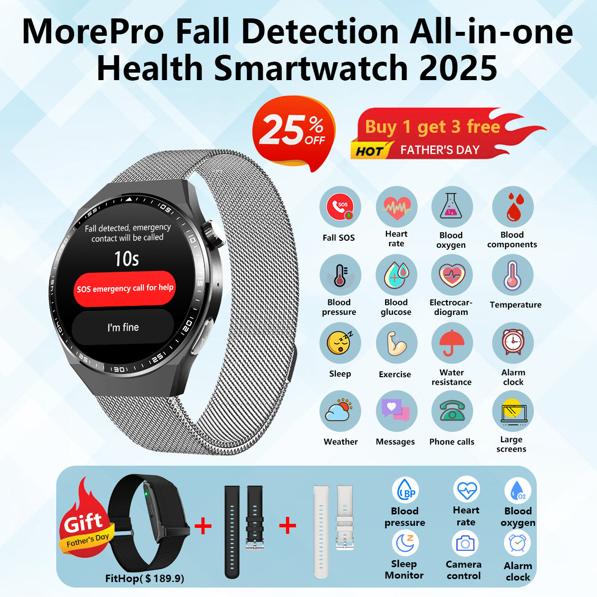 💞Best Father's Day Gift -MorePro AegisFit Fall Detection Smartwatch with Advanced ECG + Blood Pressure + Blood Oxygen + Uric Acid + Activity Tracking + Emergency SOS+Free Watch🎁