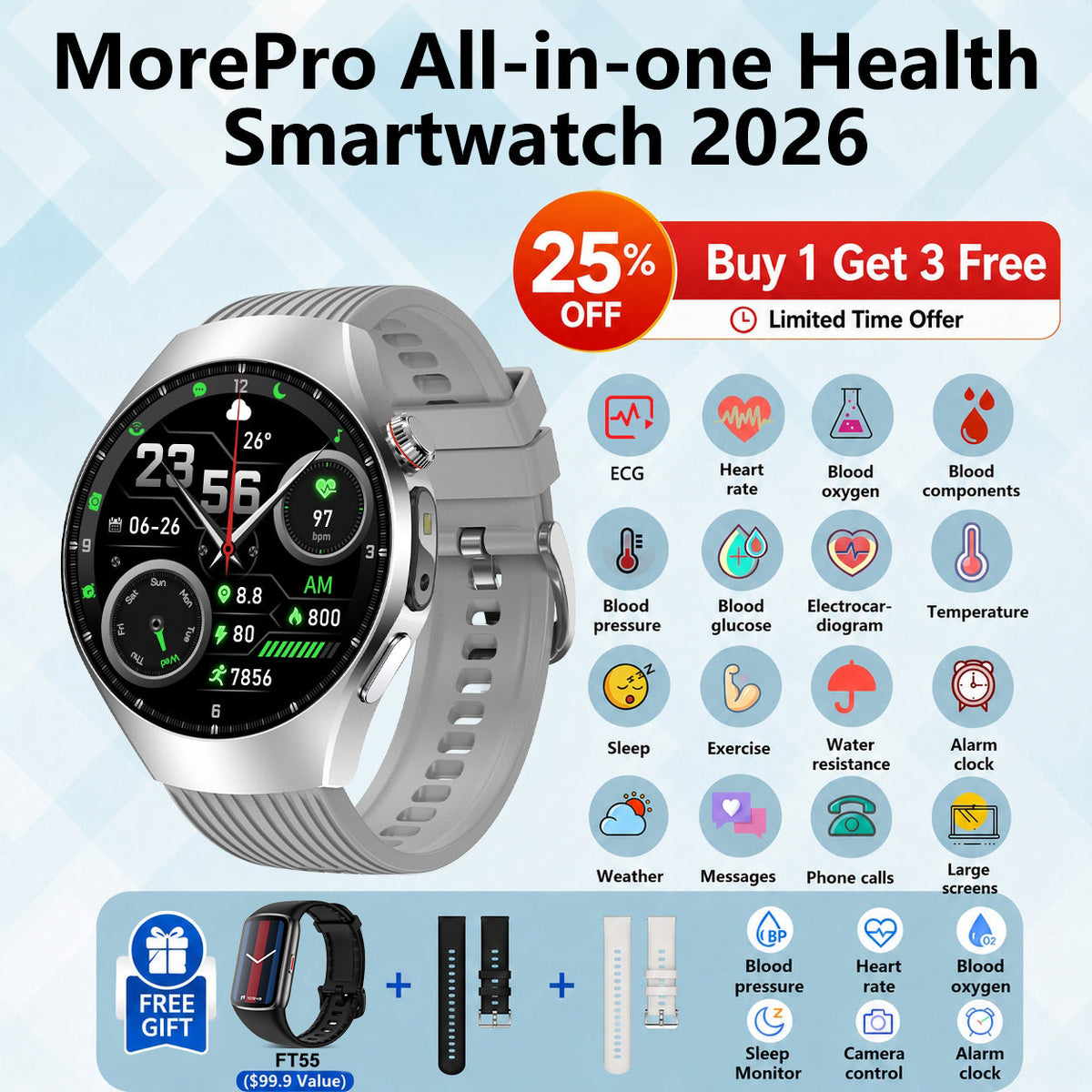 💞Father's Day Gift -MorePro AegisFit Smartwatch with Advanced ECG + Blood Pressure + Blood Oxygen + Uric Acid + Activity Tracking + Emergency SOS+Free Watch🎁