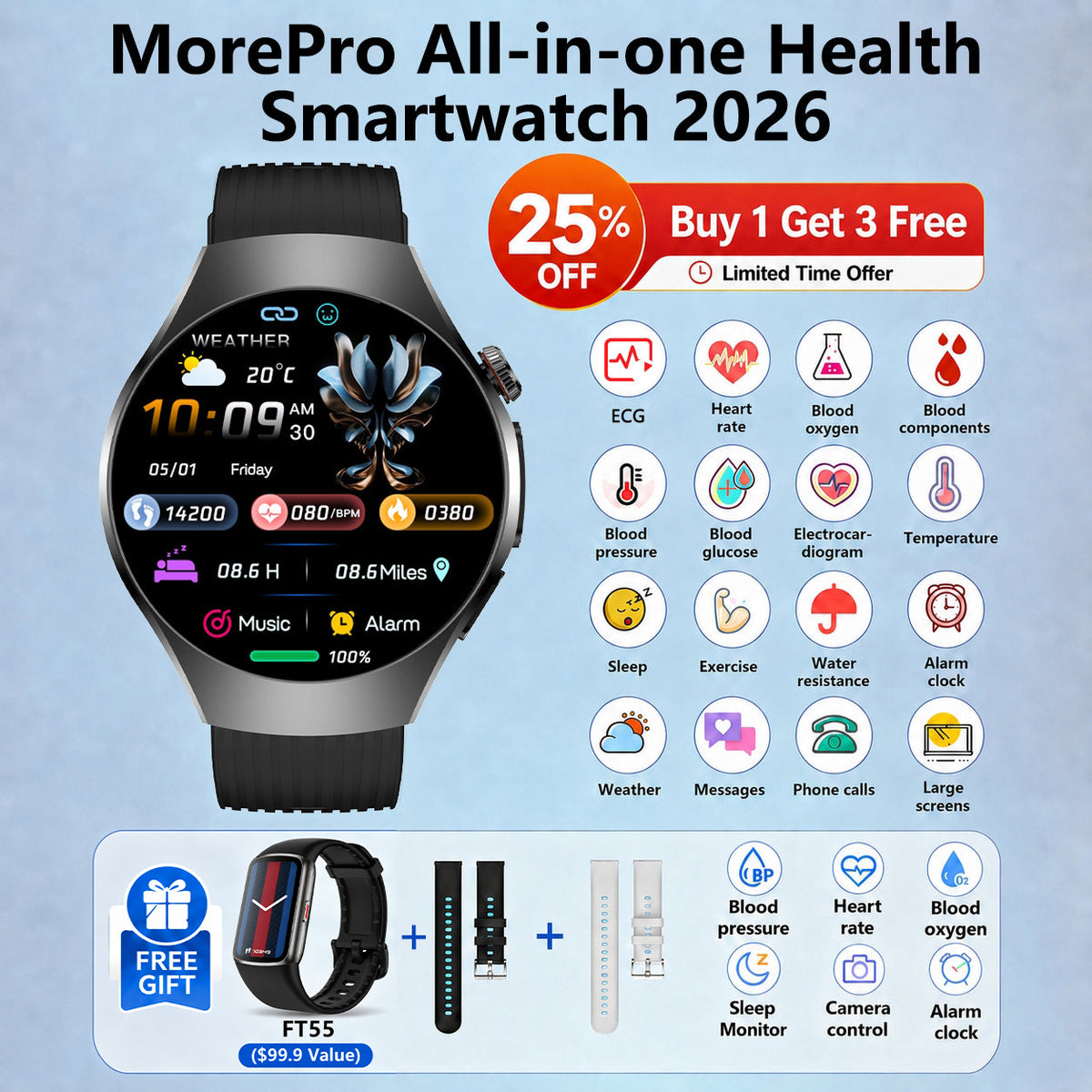 💞Father's Day Gift -MorePro AegisFit Smartwatch with Advanced ECG + Blood Pressure + Blood Oxygen + Uric Acid + Activity Tracking + Emergency SOS+Free Watch🎁