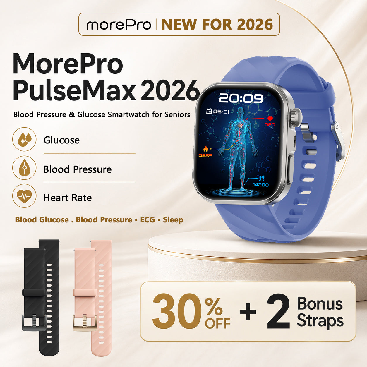 PulseMax® 2026 – Advanced Health Smartwatch for Seniors with Blood Glucose Trends, Blood Pressure, ECG + PPG Heart Monitoring & More